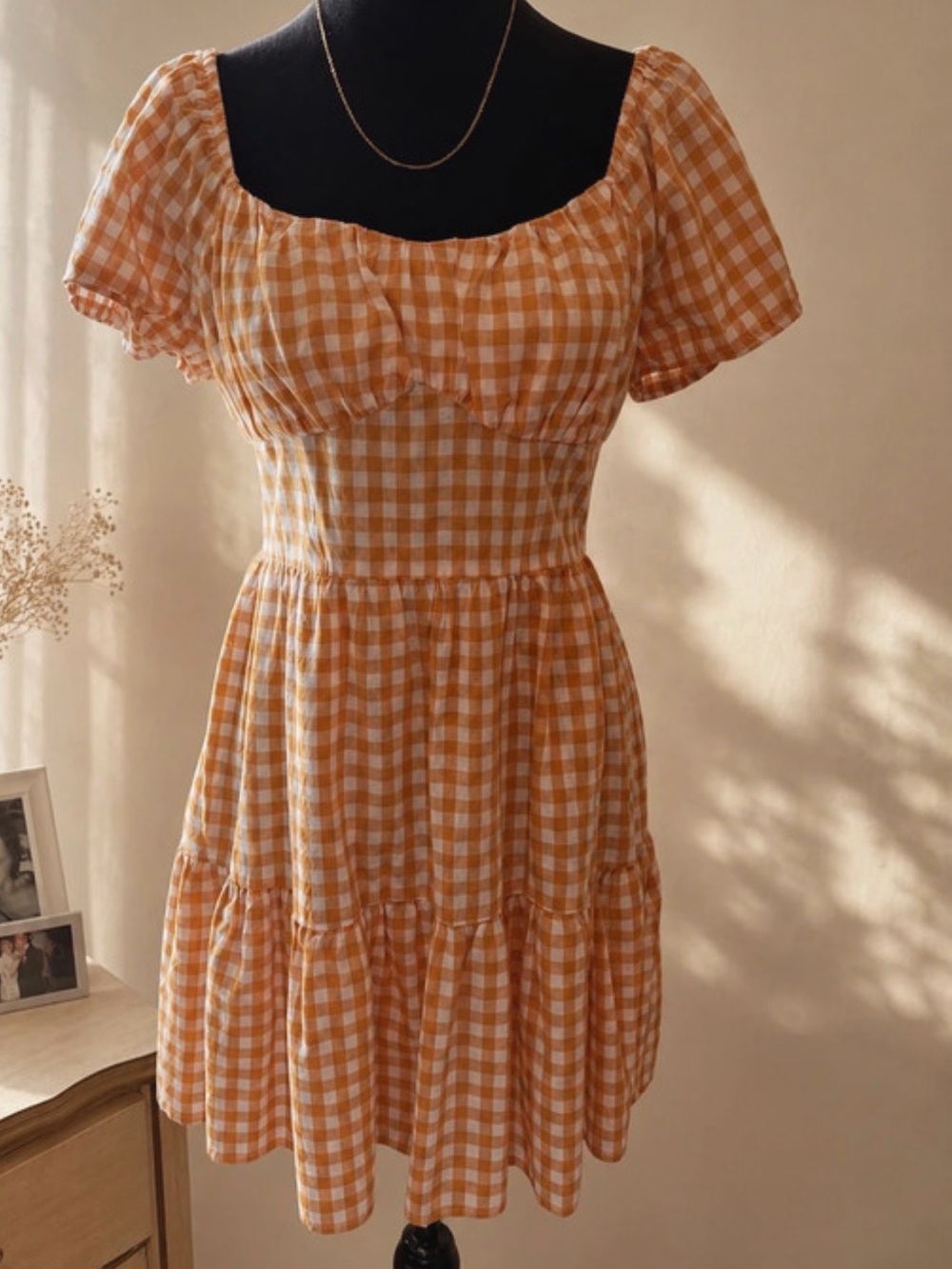 Zara Orange Gingham Puff-Sleeve Mini Dress